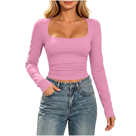 Perfectbot Women's Square Neck Fitted T-Shirt Long Sleeve Crop Ruched Waist Stretchable Basic Tee Shirt