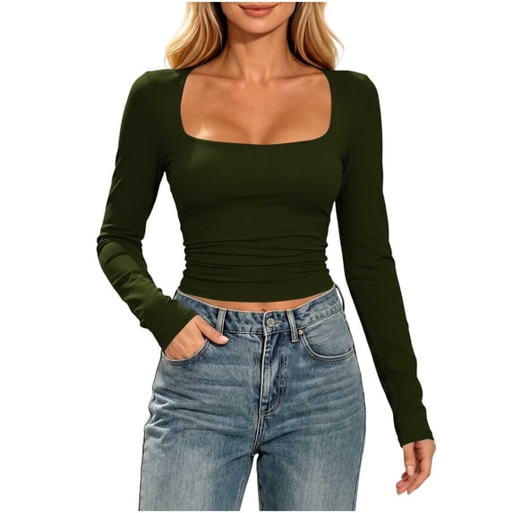 Perfectbot Women's Square Neck Fitted T-Shirt Long Sleeve Crop Ruched Waist Stretchable Basic Tee Shirt