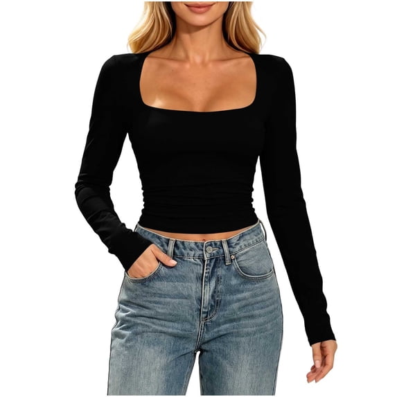 Perfectbot Women's Square Neck Fitted T-Shirt Long Sleeve Crop Ruched Waist Stretchable Basic Tee Shirt