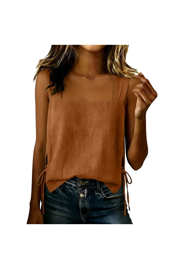 Women's Square Neck Tank Top, Cotton Sleeveless Cami Blouse with Adjustable Side Drawstrings