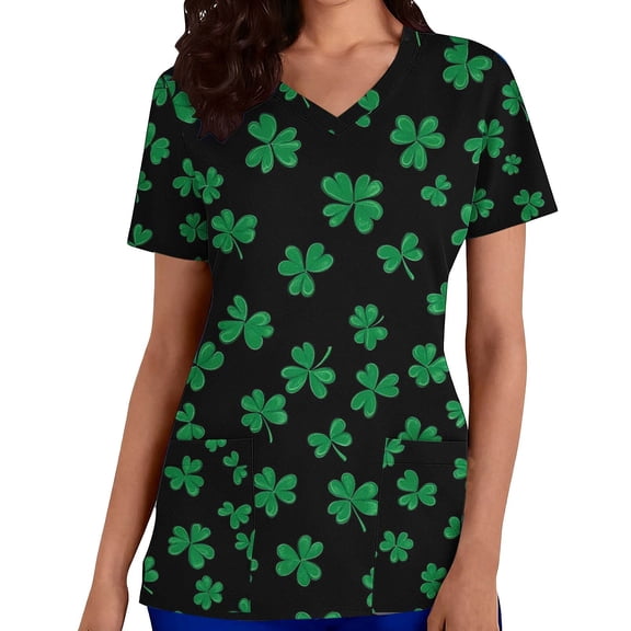 Perfectbot Women's St. Patrick's Day Scrub Top Shamrock Printed V-Neck Short Sleeve Nursing Uniform