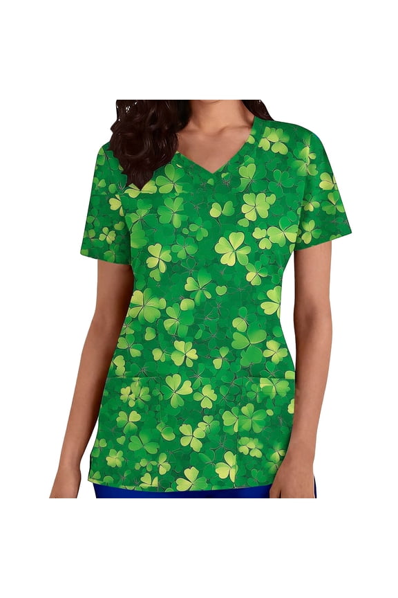 Women's St. Patrick's Day Scrub Top Shamrock Printed V-Neck Short Sleeve Nursing Uniform