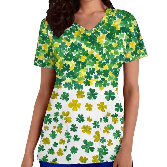 Perfectbot Women's St. Patrick's Day Scrub Top Shamrock Printed V-Neck Short Sleeve Nursing Uniform