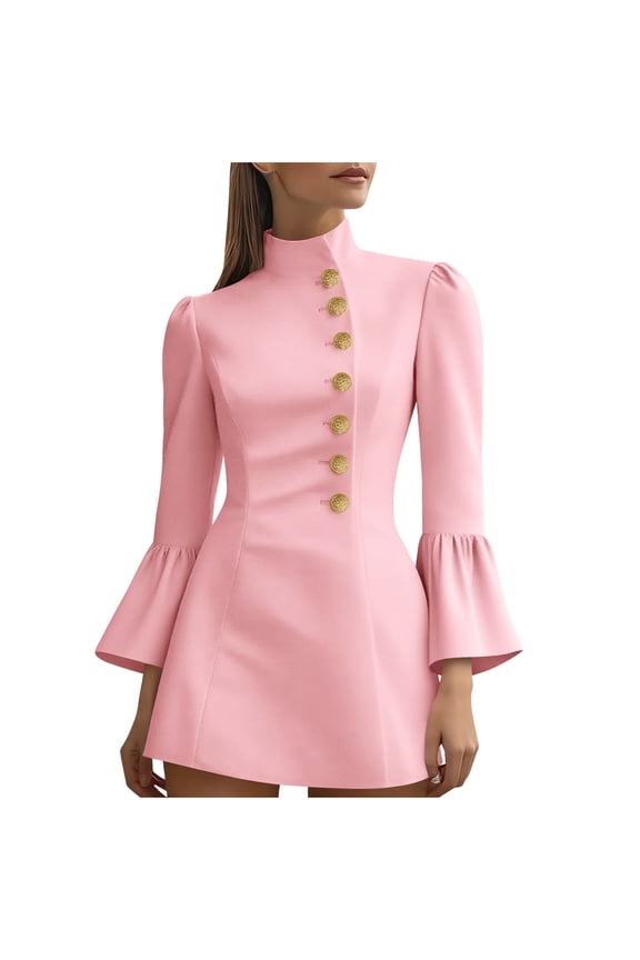 Women's Stand Collar Pencil Dress, Button Down Bodycon Mini Dress for Office Bussiness