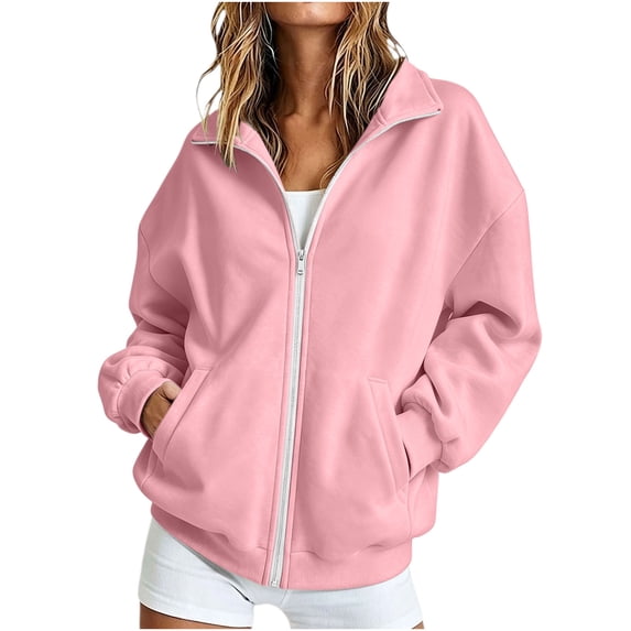 Perfectbot Women's Stand Collar Zip Up Sweatshirt, Oversized Long Sleeve Fall Winter Pullover with Pockets