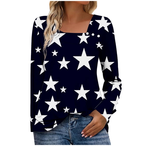 Perfectbot Women's Star Print Asymmetrical V Neck Shirt - Button Long Sleeve Trendy Dressy Casual Blouse