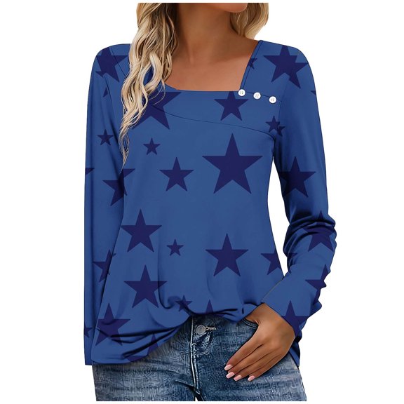 Perfectbot Women's Star Print Asymmetrical V Neck Shirt - Button Long Sleeve Trendy Dressy Casual Blouse
