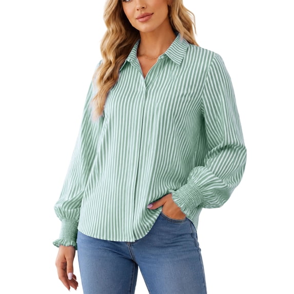 Perfectbot Women's Stripe Button Down Shirt, Lantern Long Sleeve Blouse with Smocked Cuffs Office Casual Wear