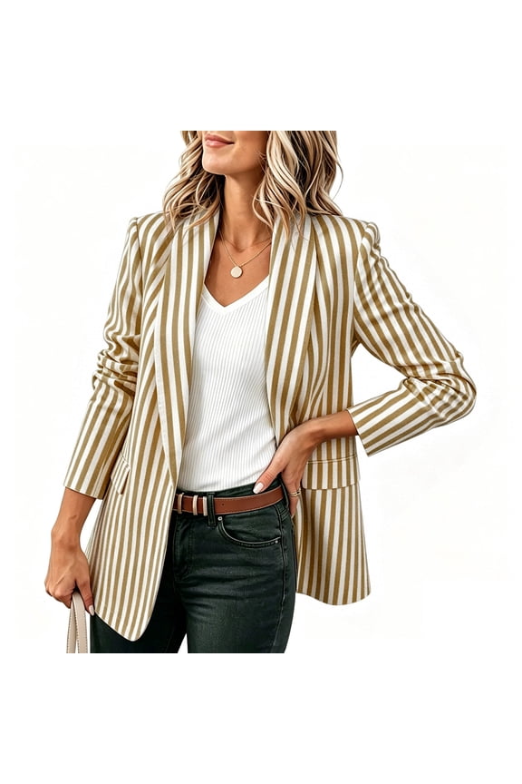 Women's Striped Open Front Blazer Casual Long Sleeve Work Office Suit Jacket