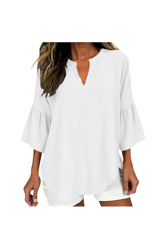 Women's Summer 3/4 Bell Sleeve Tops V Neck Loose Fit Flowy Cotton Linen Lightweight Blouses