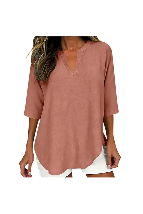 Women's Summer 3/4 Sleeve Tops V Neck Loose Fit Flowy Cotton Linen Lightweight Blouses