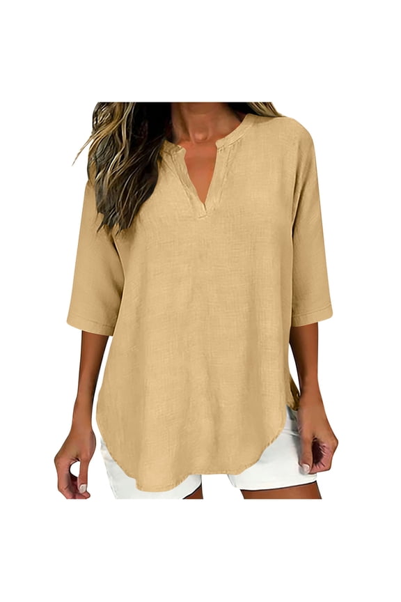 Women's Summer 3/4 Sleeve Tops V Neck Loose Fit Flowy Cotton Linen Lightweight Blouses