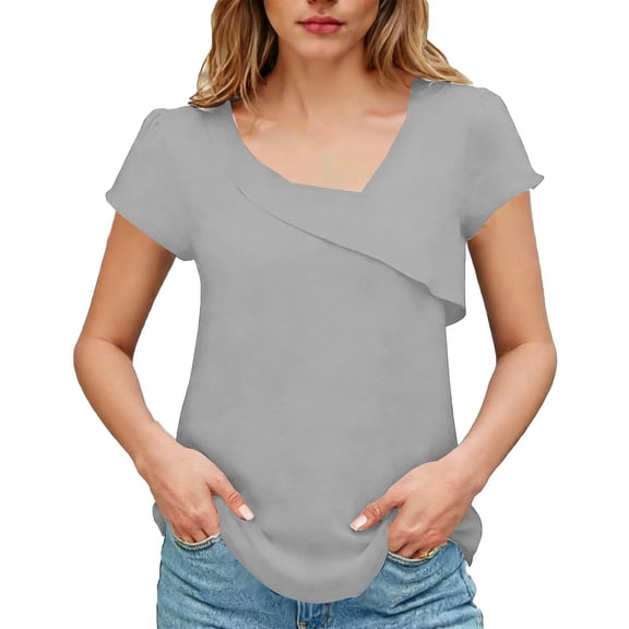 Perfectbot Women's Summer Dressy Blouses Casual Asymmetrical V Neck Short Sleeve Business Work Shirts