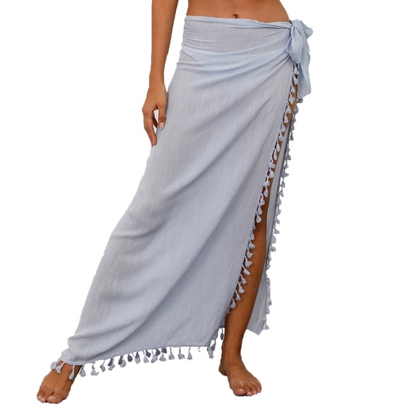 Perfectbot Women's Summer Long Swimsuit Cover Up Skirt - Sexy Tassel Side Slit Sheer Beach Wrap Skirt