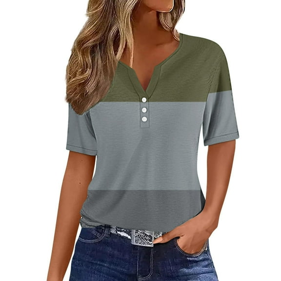 Perfectbot Women's Summer Short Sleeve Tops, Color Block V-Neck Button Tees, Vacation & Fashion Shirts