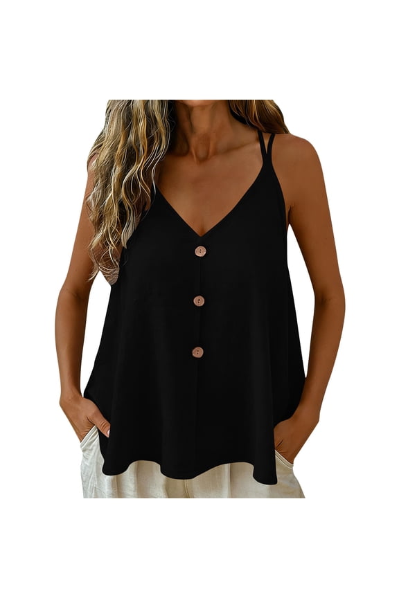 Women's Summer Spaghetti Strap Tank Tops V Neck Button Flowy Swing Camisole Casual Sleeveless Blouse