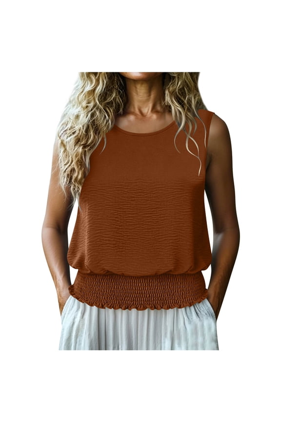 Women’s Textured Sleeveless Blouson Top, Smocked Ruffle Waist Crewneck Casual Tank Top