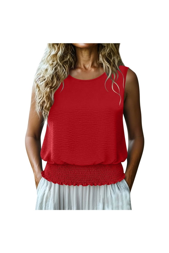 Women’s Textured Sleeveless Blouson Top, Smocked Ruffle Waist Crewneck Casual Tank Top
