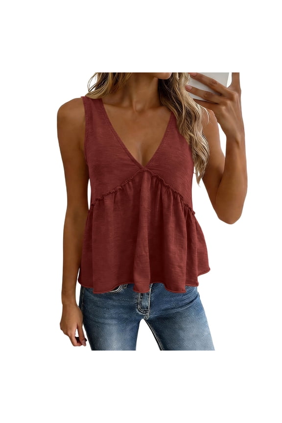 Women's Tie Back Ruffle Hem Tank Top Sleeveless V Neck Open Back Summer Flowy Peplum Cami