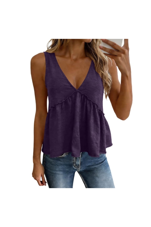 Women's Tie Back Ruffle Hem Tank Top Sleeveless V Neck Open Back Summer Flowy Peplum Cami