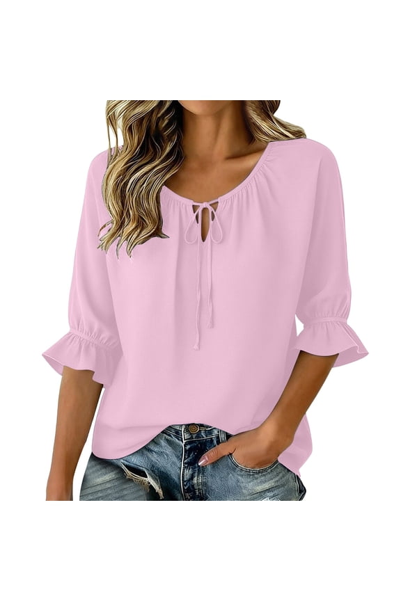 Women’s Tie Neck Blouse, Elbow-Length Ruffle Sleeve Casual Dressy Summer Flowy Top