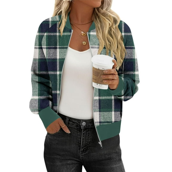 Perfectbot Women's Trendy Zip Up Bomber Jacket - Casual Plaid with Pockets Fall Winter Outerwear