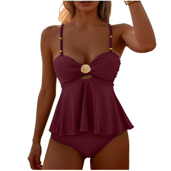 Perfectbot Women's Two-Piece Tankini Swimsuit with Seashell Decor, Flowy Peplum Top and High Waisted Bottom