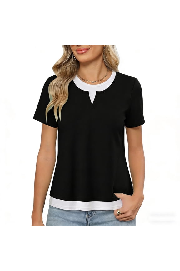 Women's Two-Tone Notch Neck Short Sleeve T-Shirt – Casual Layered Look Soft Top with Contrast Hem