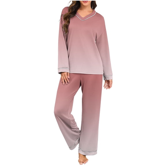Perfectbot Women's V-Neck 2-Piece Set, Long Sleeve Gradient Color Blouse & Pants, Comfy Daily Casual Outfits