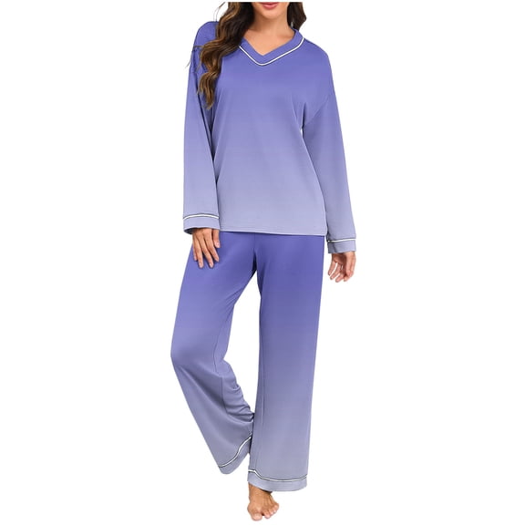 Perfectbot Women's V-Neck 2-Piece Set, Long Sleeve Gradient Color Blouse & Pants, Comfy Daily Casual Outfits