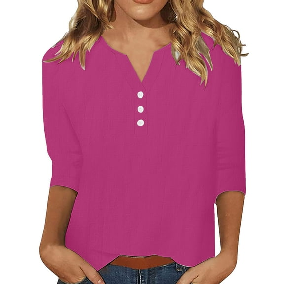 Perfectbot Women's V Neck Blouse 3/4 Sleeves Solid Color Cotton Linen Shirts Summer Casual Loose Tops
