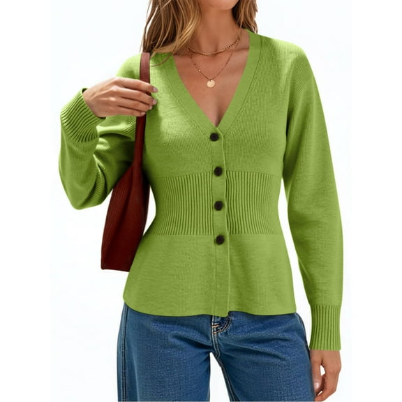 Perfectbot Women's V Neck Button Cardigans with Cinched Waist Fitted Ribbed Knit Top for Dressy & Casual Wear