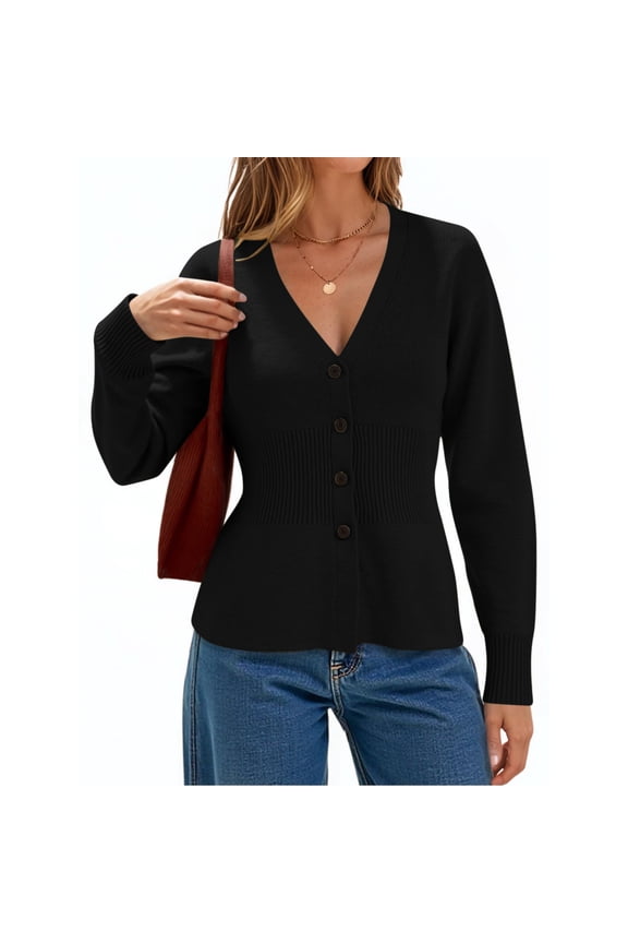 Women's V Neck Button Cardigans with Cinched Waist Fitted Ribbed Knit Top for Dressy & Casual Wear