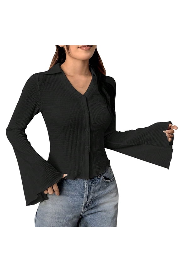 Women's V-Neck Button Down Blouse, Bell Long Sleeve Slim Fit Elegant Shirt, Casual Work Top