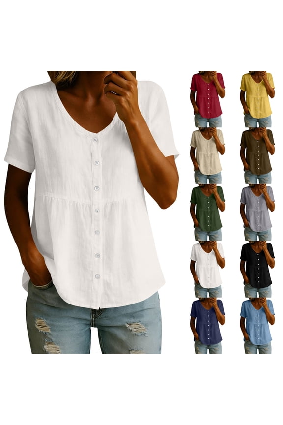 Women's V Neck Button Down Short Sleeve Peplum Blouse, Casual Lightweight Breathable Summer Shirt