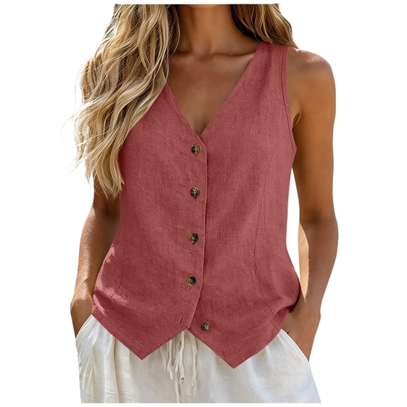 Perfectbot Women's V-Neck Button-Down Vest Linen-Blend Sleeveless Waistcoat with Pointed Hem for Summer Layering