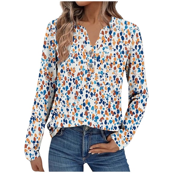 Perfectbot Women's V-Neck Button Tunic Tops - Long Sleeve Shirt Dressy Casual Flower Print Blouse