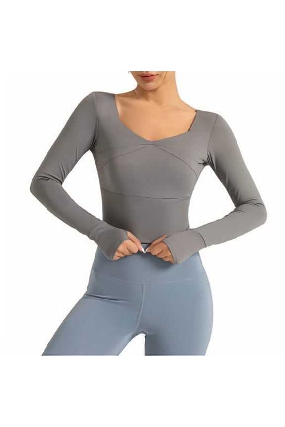 Women's V-Neck Crop Top with Built-in Support, Workout Yoga Shirt with Seamed Cups