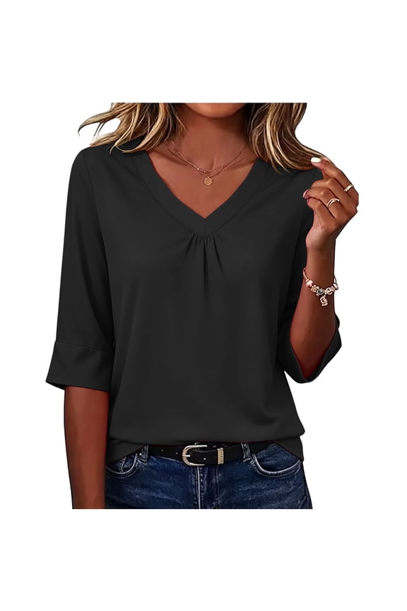 Women's V Neck Half Sleeve Blouse Pleated Front Top Loose Fit Casual Shirt with Cuffed Elbow Sleeves