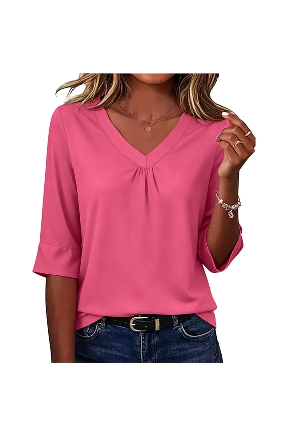 Women's V Neck Half Sleeve Blouse Pleated Front Top Loose Fit Casual Shirt with Cuffed Elbow Sleeves