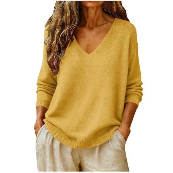 Perfectbot Women's V Neck Knit Sweater, Long Sleeve Loose Fit Fall & Spring Top with Ribbed Trim