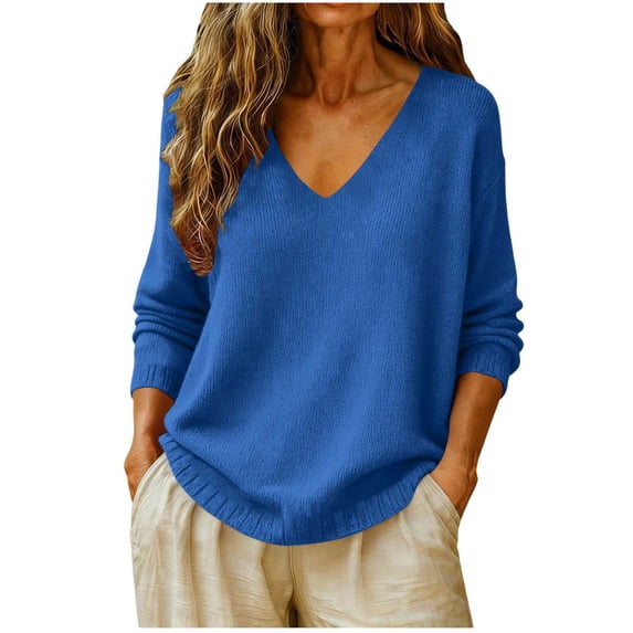 Perfectbot Women's V Neck Knit Sweater, Long Sleeve Loose Fit Fall & Spring Top with Ribbed Trim