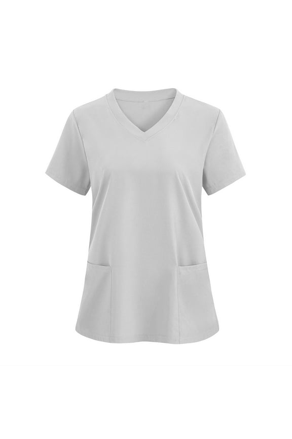 Women's V-Neck Nursing Top Short Sleeve Scrub Tee with Front Pockets Basic Work Shirt