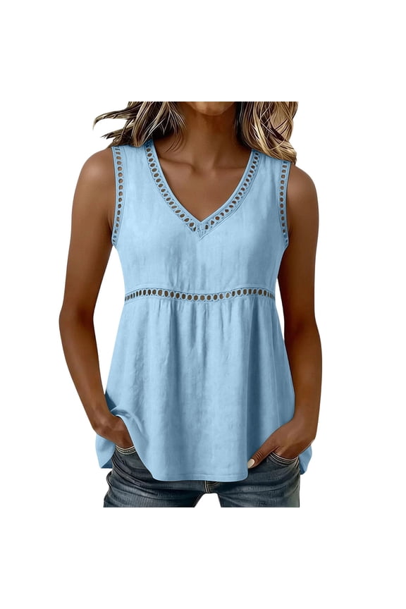 Women's V-Neck Peplum Tank Top, Casual Eyelet Lace Trim Blouse, Loose Fit Babydoll Cami for Summer