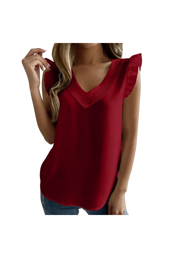 Women's V-Neck Ruffle Blouse - Cap Sleeve Lace Embroidered Dressy Top for Spring & Summer