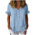 thumbnail image 1 of Perfectbot Women’s V-Neck Ruffle Short Sleeve Blouse, Henley Button-Down Casual Tunic Top, Lightweight Crinkle Cotton Shirt, 1 of 7