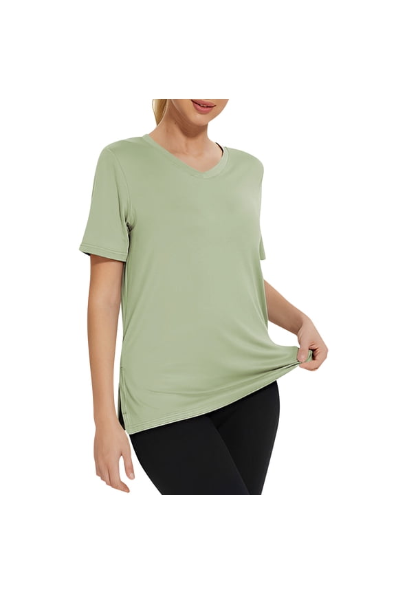 Women's V Neck Short Sleeve Workout T-Shirts, Side Split Loose Fit Soft Stretchy Athletic Tops