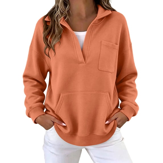 Perfectbot Women's V Neck Sweatshirt Oversized Pullover with Pockets Lapel Collar Casual Fall Top