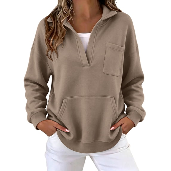 Perfectbot Women's V Neck Sweatshirt Oversized Pullover with Pockets Lapel Collar Casual Fall Top