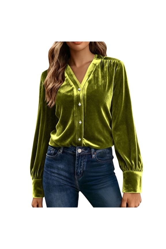 Women's Velvet Button Down Top - Long Sleeve V Neck Open Front Casual Work Blouse